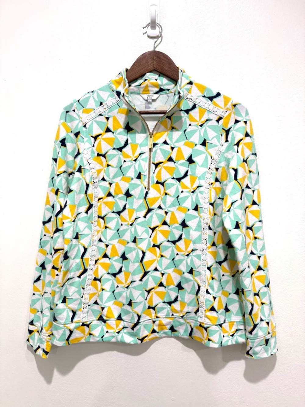 Crown & Ivy Multicolor Umbrella Print Zip French Terry Lace Trim Sweater Medium